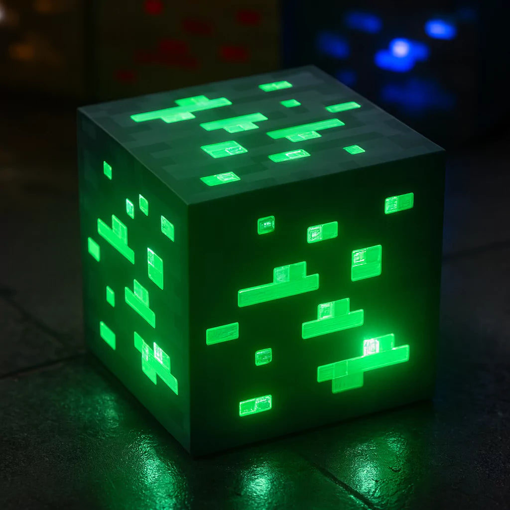 Lampe cube émeraude LED inspirée de Minecraft – idée cadeau parfaite pour fan de Minecraft.