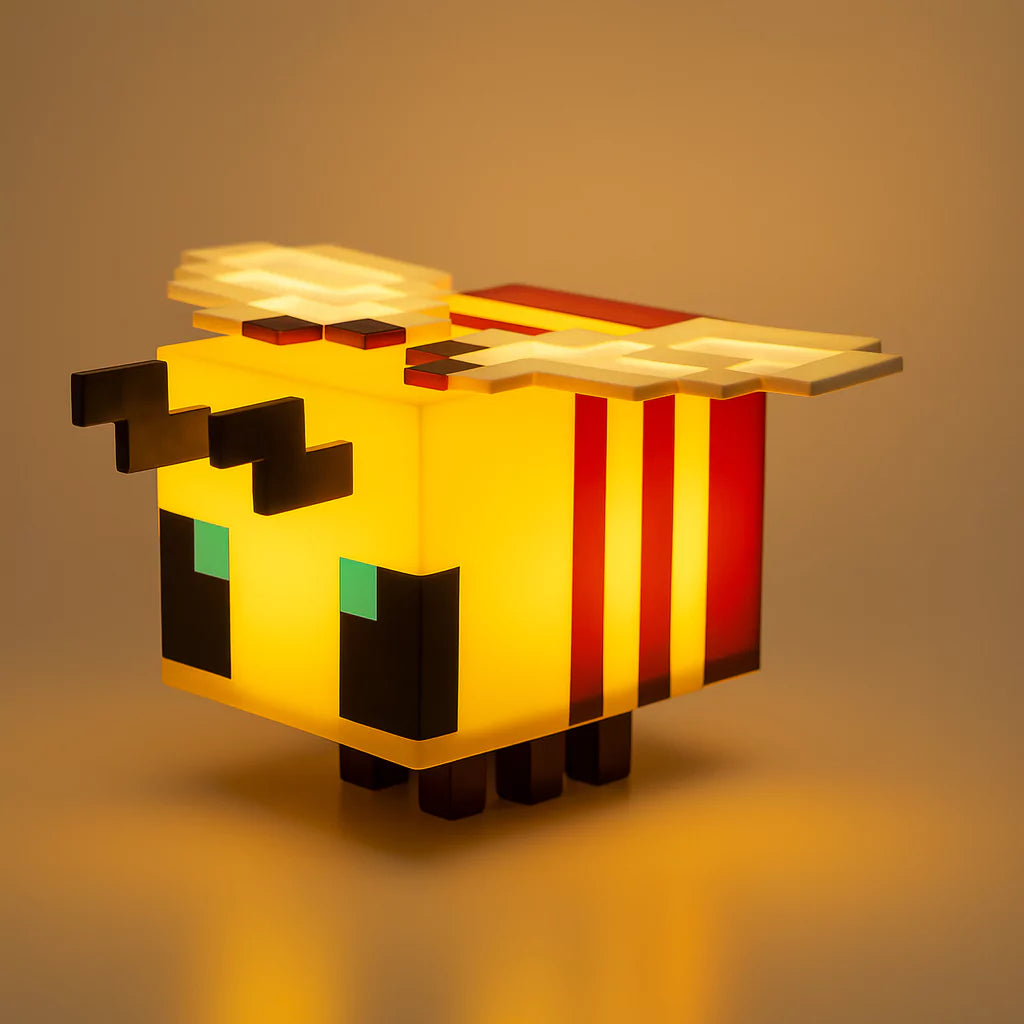 Lampe abeille Minecraft LED réaliste. Une veilleuse lumineuse et mignonne, parfaite pour chambre gamer et idée cadeau originale.