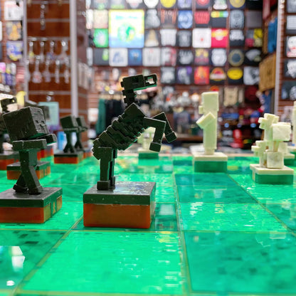 Échiquier Minecraft avec les différentes créatures Minecraft, rappelant fidèlement l’univers du jeu vidéo.